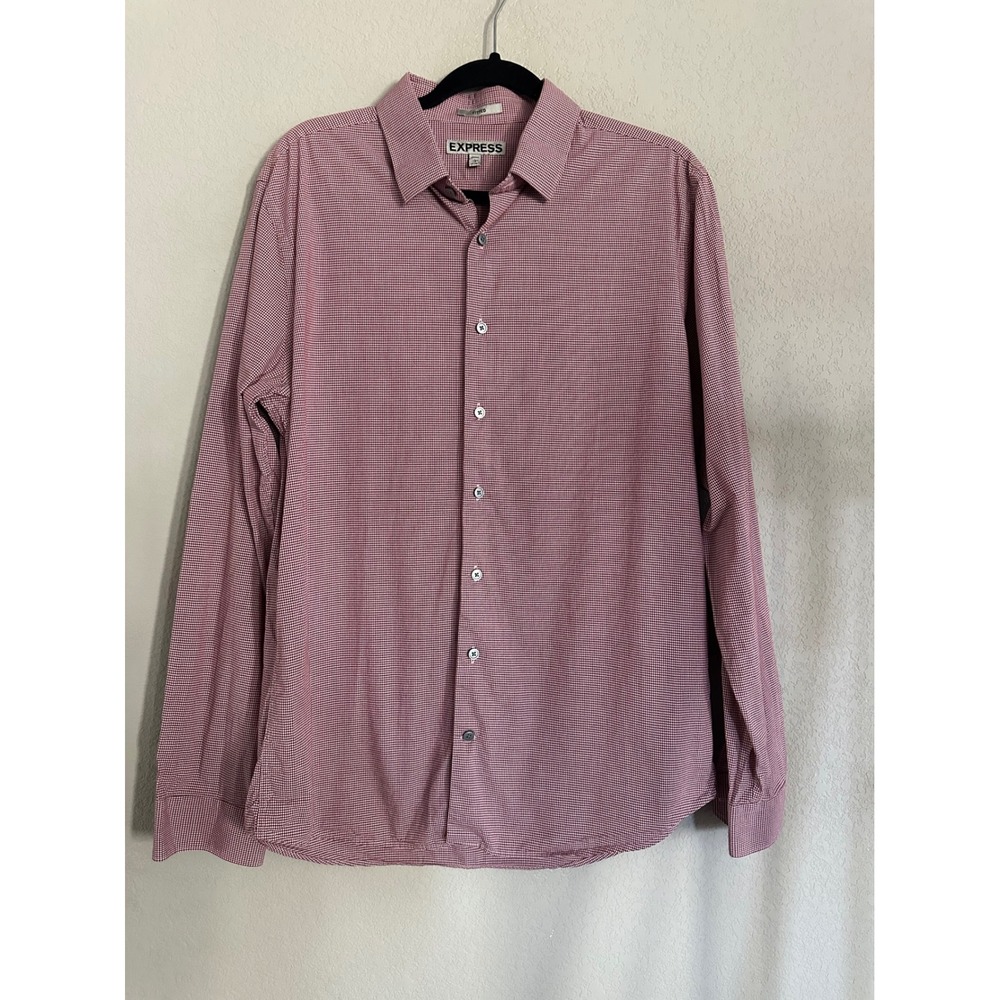 Express Button Down Shirt Mens Large Red White Excellent Fitted Gingham Check